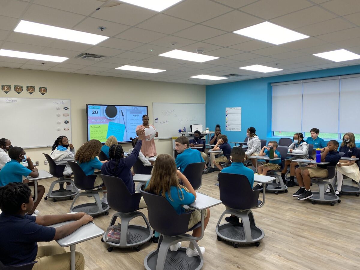 Sixth grade’s Princeton homeroom teacher, Beonca Thompson, leads scholars through their first morning meeting of the new school year.